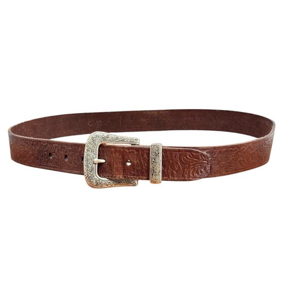 Liz Claiborne Tooled Belt SZ XL Women Brown Western Rustic Leather 70s Rodeo - Picture 2 of 12